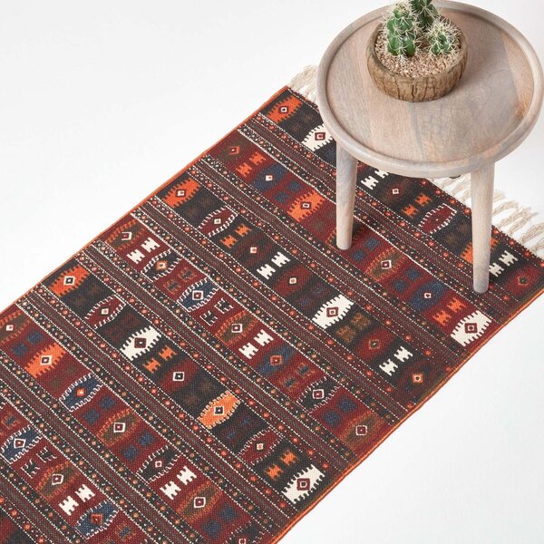 Cotton Kilim Printed Hall Runner Terracotta,Black and Brown Design,66 x 200 cm