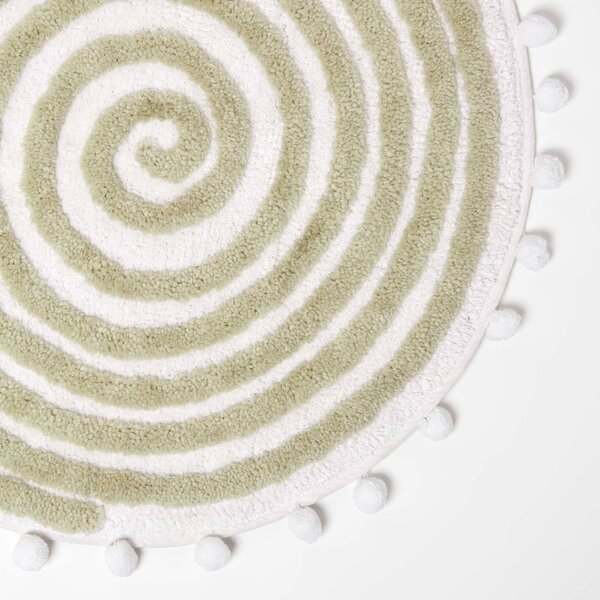 Homescapes Spiral Sage Green Cotton Bath Mat with Pom Pom Edges