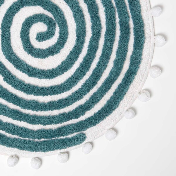 Homescapes Spiral Teal Cotton Bath Mat with Pom Pom Edges