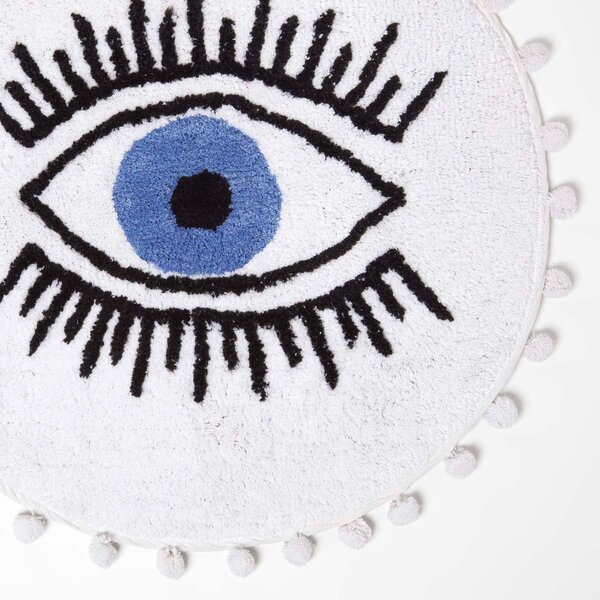 Homescapes Eye See You Cotton Bath Mat with Pom Pom Edges