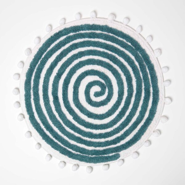 Homescapes Spiral Teal Cotton Bath Mat with Pom Pom Edges