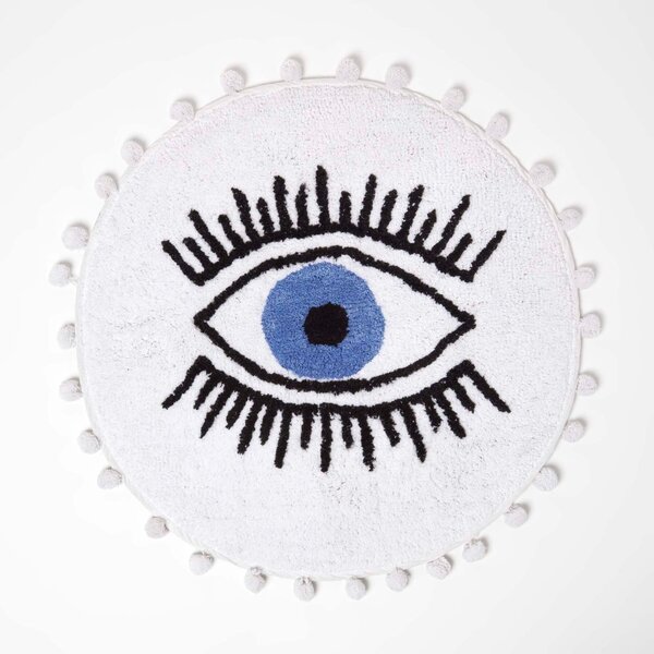 Homescapes Eye See You Cotton Bath Mat with Pom Pom Edges