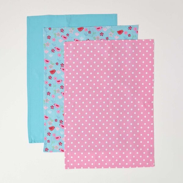 Homescapes Cotton Birds and Flowers Pink Blue Tea Towels Set Of Three