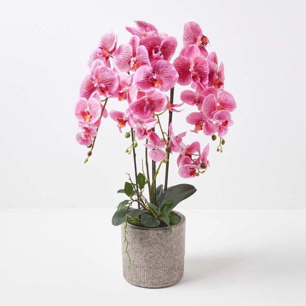 Extra Large 82cm Lifelike Pink Artificial Orchid in Grey Cement Pot