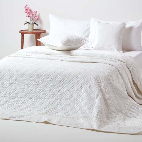 Homescapes Cream Quilted Velvet Bedspread Geometric King Size Bed Throw