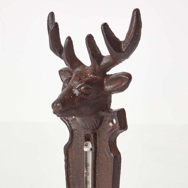 Homescapes Brown Wall Mounted Cast Iron Stag Garden Thermometer