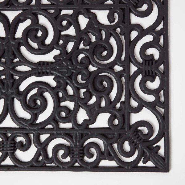 Black Wrought Iron Effect Parisian Style Rectangular Rubber Doormat, 70 x 45 cm