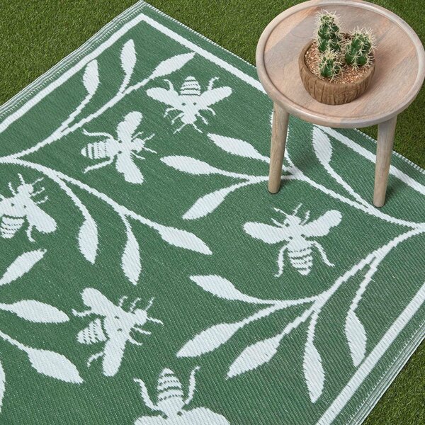 Homescapes Floral Green Outdoor Rug 182 x 122 cm Bumble Bee Garden Rug