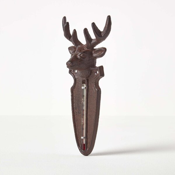 Homescapes Brown Wall Mounted Cast Iron Stag Garden Thermometer