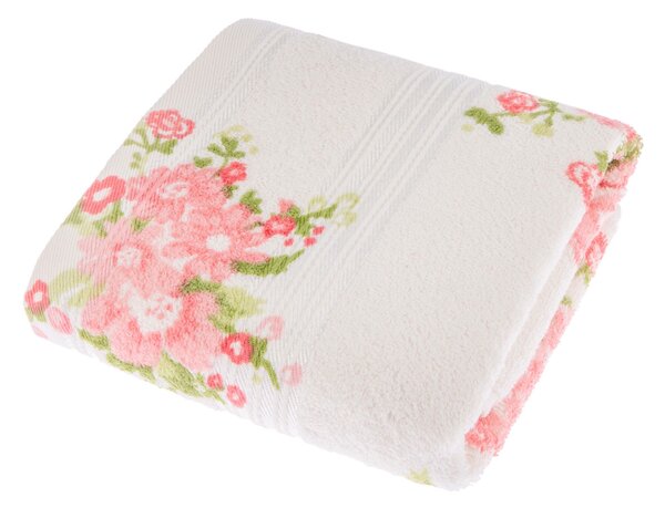 Homescapes Pink and Coral Floral Printed White Hand Towel 100% Cotton