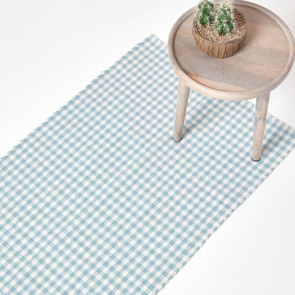 Homescapes Cotton Gingham Check Hall Runner Hand Woven Blue White, 66 x 200 cm