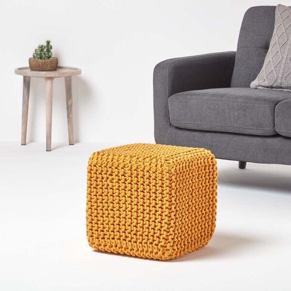 Homescapes Mustard Knitted Cotton Cube Footstool 35 x 35 x 35 cm