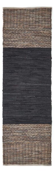 Black Recycled Leather Handwoven Herringbone Hall Runner, 66 x 200 cm