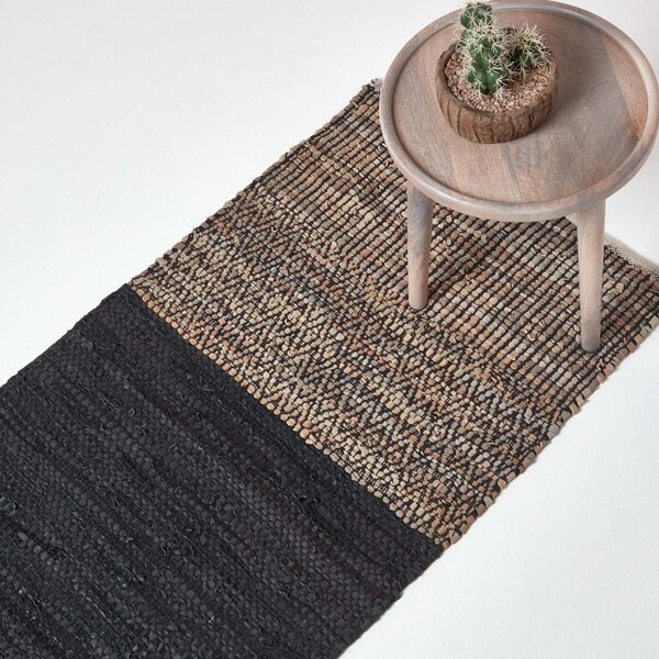 Black Recycled Leather Handwoven Herringbone Hall Runner, 66 x 200 cm