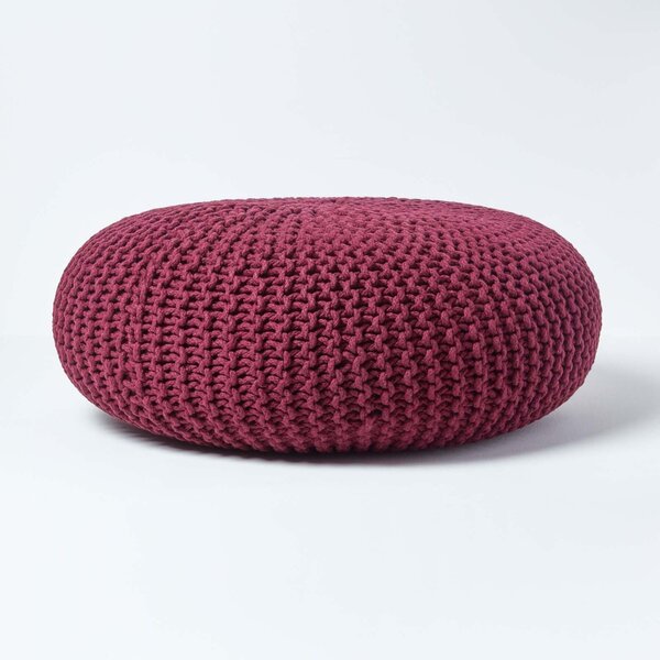 Homescapes Plum Knitted Cotton Large Round Pouffe Footstool 70 x 23 cm