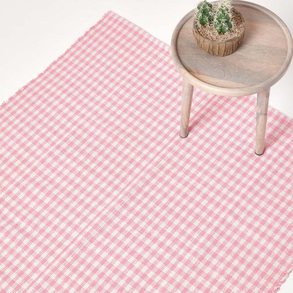 Homescapes Cotton Gingham Check Rug Hand Woven Pink White, 60 x 90 cm