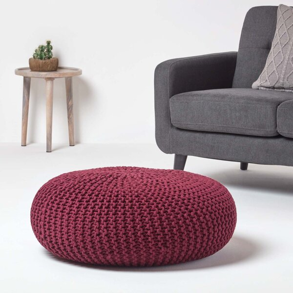 Homescapes Plum Knitted Cotton Large Round Pouffe Footstool 70 x 23 cm