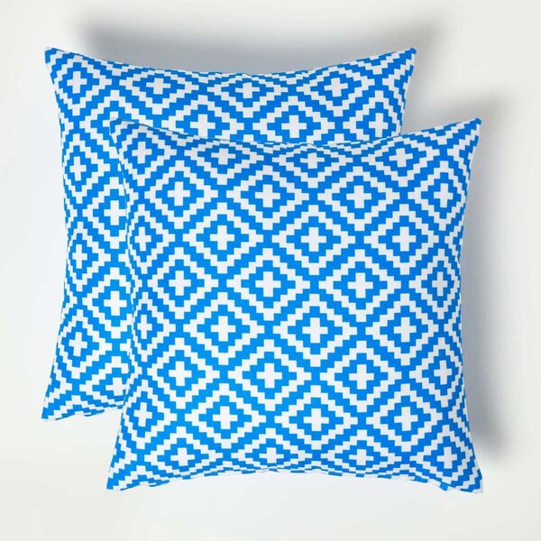 Homescapes Blue Geometric Outdoor Cushions for Garden Water Resistant, Set of 2