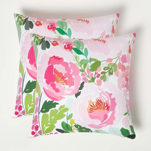 Homescapes Pink Peony Outdoor Cushions for Garden Water Resistant 45cm, Set of 2