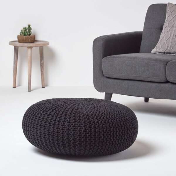 Homescapes Black Knitted Cotton Large Round Pouffe Footstool 70 x 23 cm