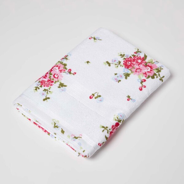 Homescapes Pink and White Floral Printed White Bath Towel 100% Cotton