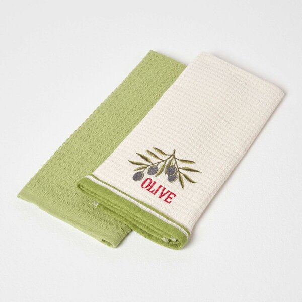 Homescapes Cotton "Olive" Green Tea Towels, Pack of 2