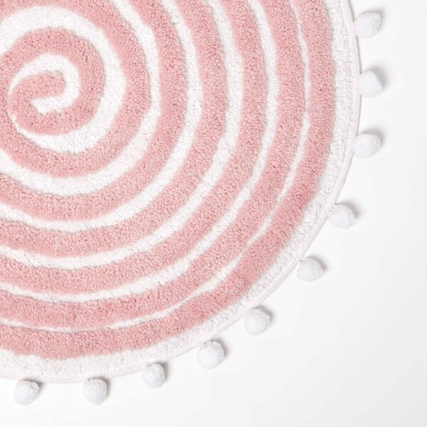 Homescapes Spiral Blush Pink Cotton Bath Mat with Pom Pom Edges