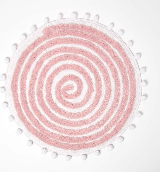 Homescapes Spiral Blush Pink Cotton Bath Mat with Pom Pom Edges