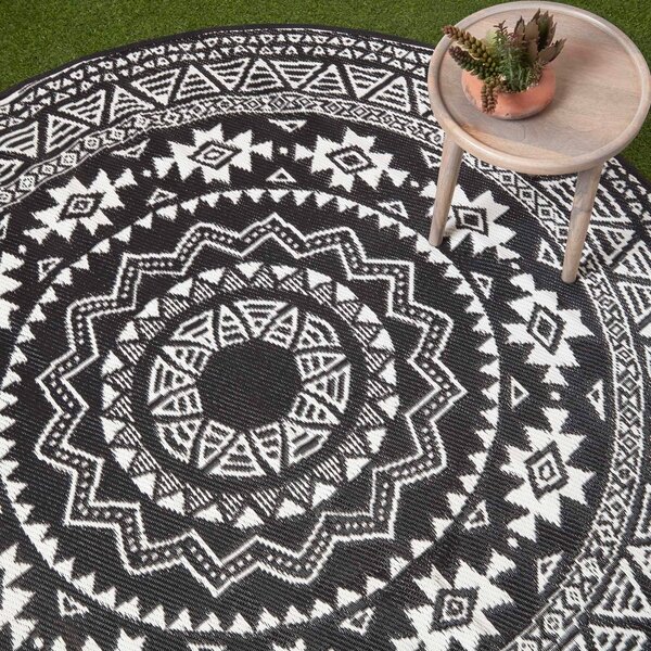 Homescapes Black and White Motif Round Outdoor Rug 180cm Circular Rug