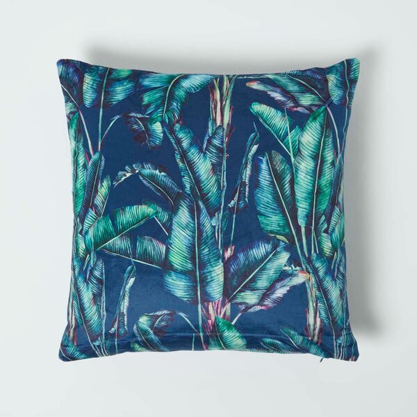 Homescapes Navy Tropical Banana Leaf Velvet Cushion 46 x 46 cm