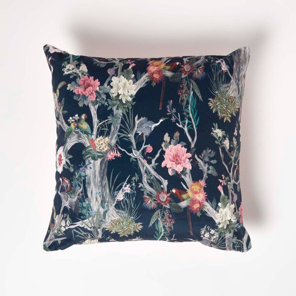 Homescapes Floral Garden Parrot Cream Velvet Cushion 46 x 46 cm