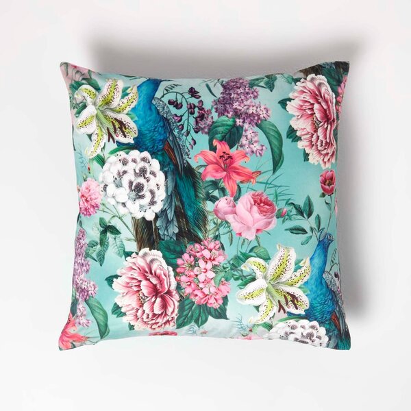 Homescapes Floral Peacock Garden Green Velvet Cushion 46 x 46 cm