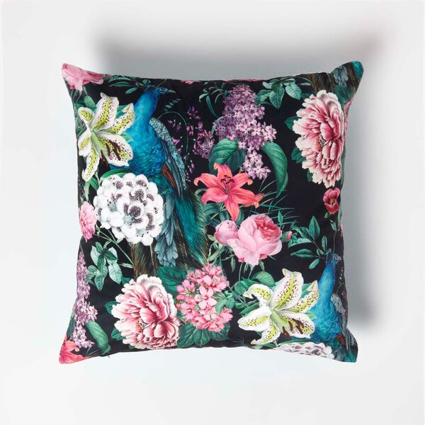 Homescapes Floral Peacock Garden Black Velvet Cushion 46 x 46 cm