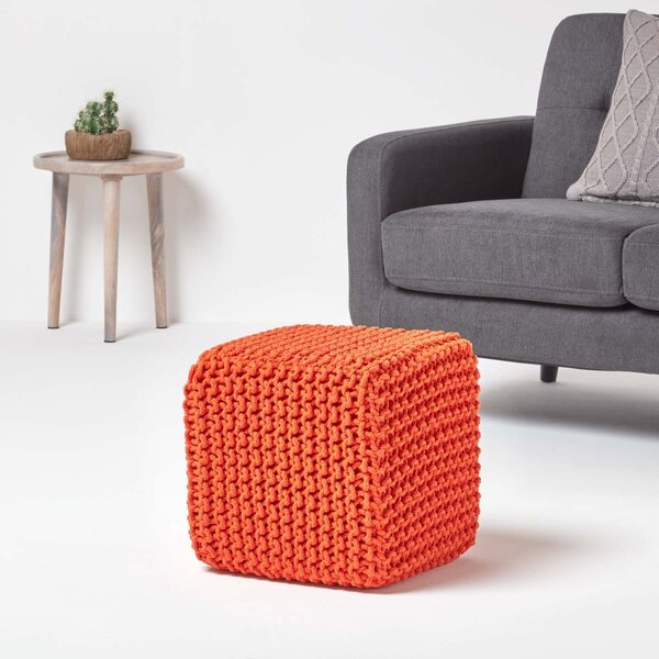 Homescapes Burnt Orange Knitted Cotton Cube Footstool 35 x 35 x 35 cm