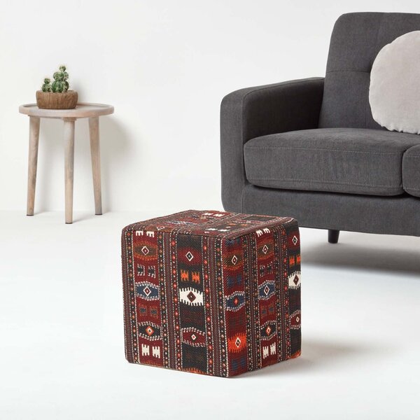 Homescapes Multicolour Kilim Print Cotton Cube Pouffe 36 x 36 x 38 cm