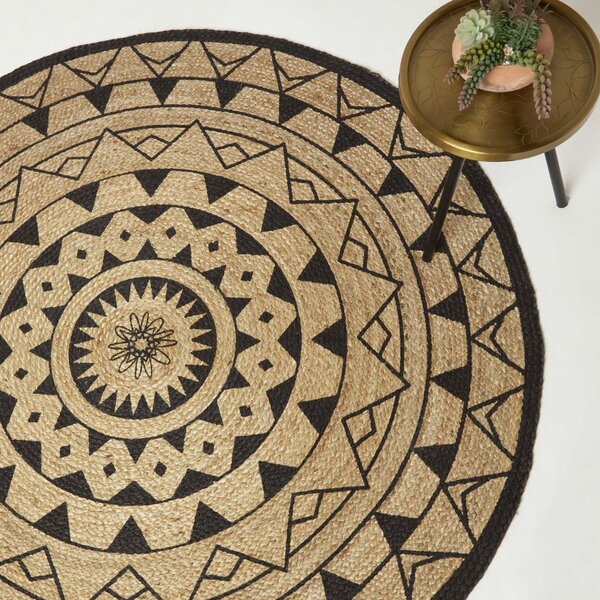 Homescapes Natural and Black Mandala Braided Jute Rug, 120 cm Round