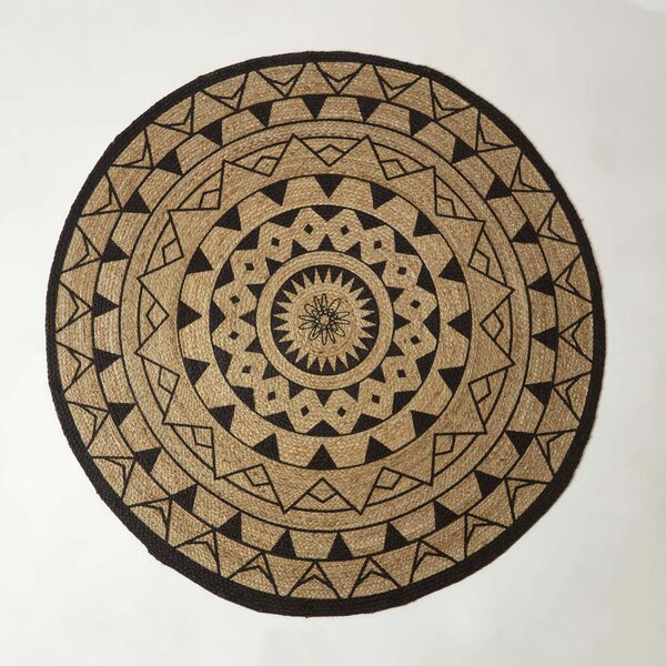 Homescapes Natural and Black Mandala Braided Jute Rug, 120 cm Round