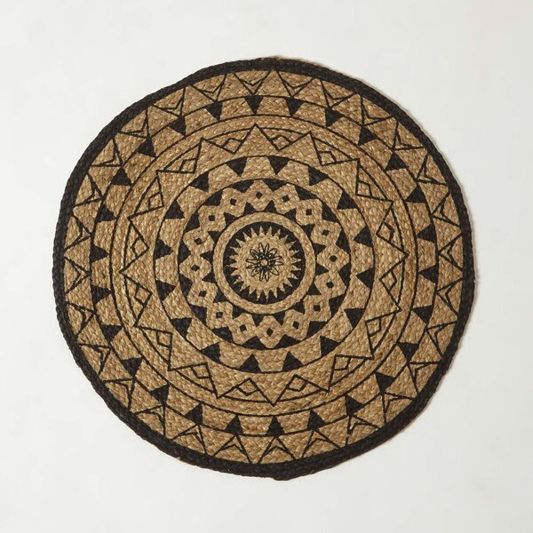 Homescapes Natural and Black Mandala Jute Braided Rug, 70 cm Round