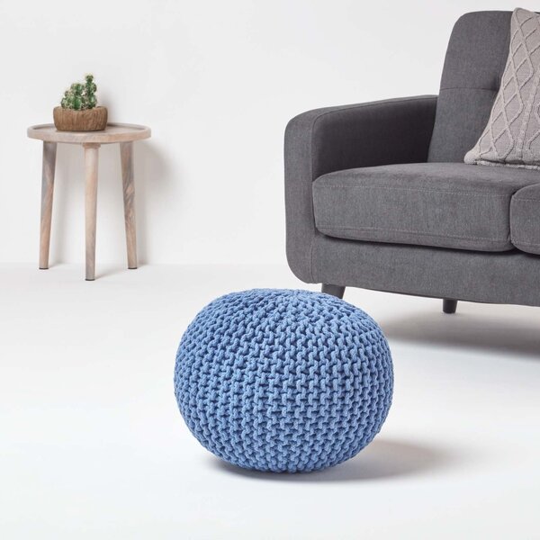 Homescapes Blue Knitted Cotton Pouffe Footstool Round 35 x 40 cm