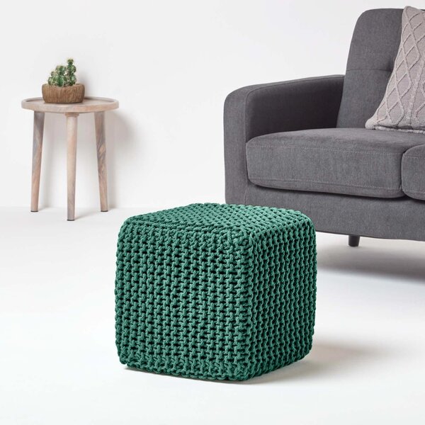 Homescapes Forest Green Knitted Cotton Cube Footstool 35 x 35 x 35 cm