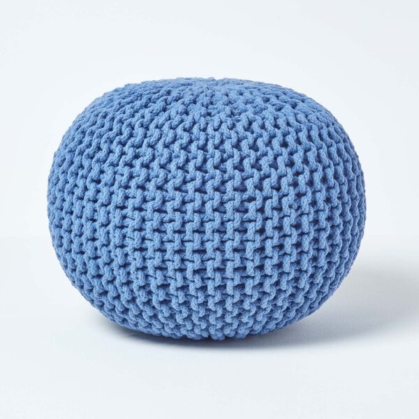 Homescapes Blue Knitted Cotton Pouffe Footstool Round 35 x 40 cm