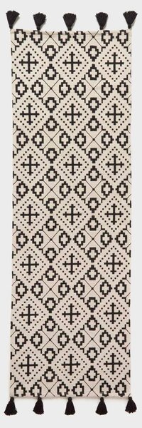 Homescapes Black Geometric Cotton Rug with Tassels, 66 x 200 cm