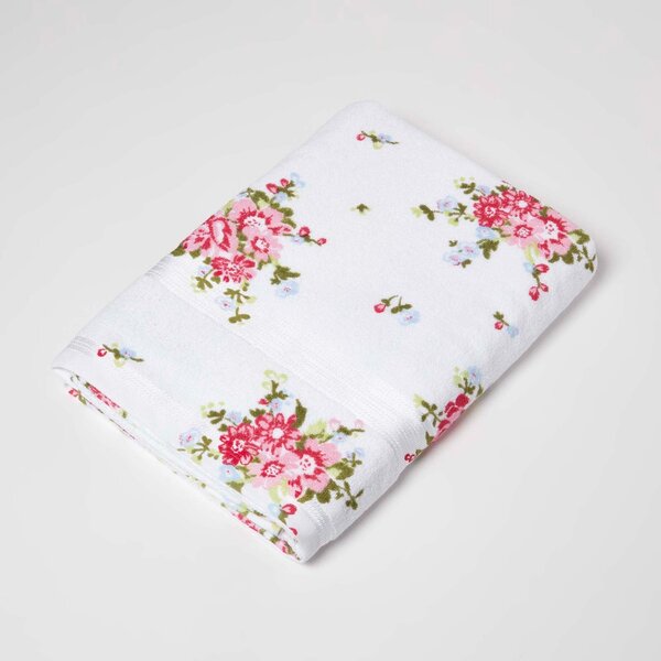 Homescapes Pink and White Floral Printed White Bath Sheet 100% Cotton