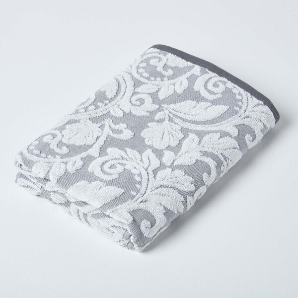 Homescapes Grey Bath Towel 600 GSM Cotton with White Damask Pattern