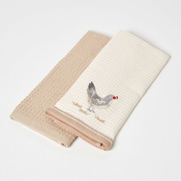 Homescapes Cotton "Rooster" Natural Tea Towels, Pack of 2