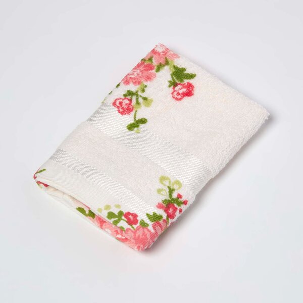 Homescapes Pink and Coral Floral Printed White Face Cloth 100% Cotton