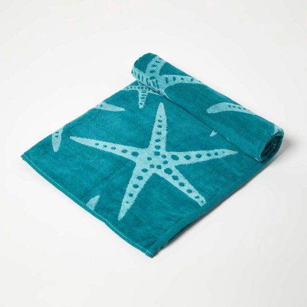 Homescapes 100% Recycled Cotton Blue Starfish Beach Towel, 70 x 150 cm