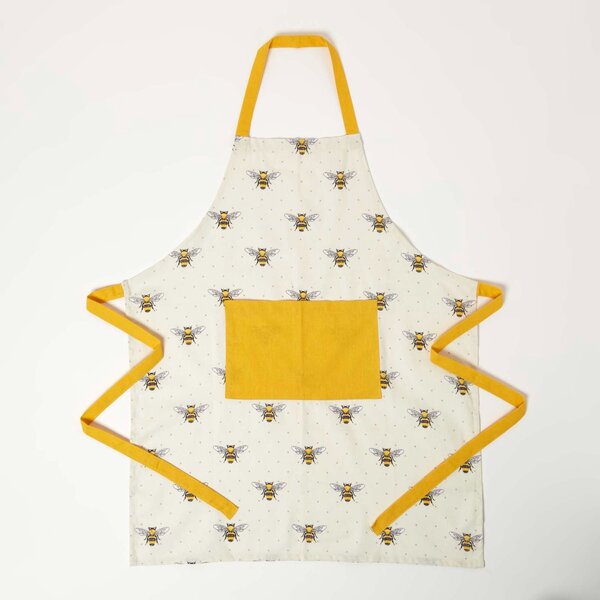 Homescapes 100% Cotton Yellow Bee Kitchen Apron with Pocket