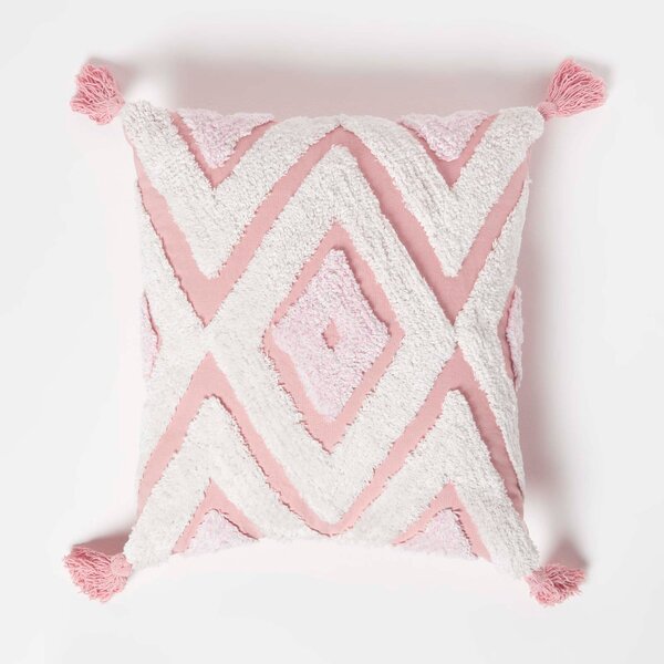 Homescapes Geometric Ikat White & Pink Tufted Cotton Cushion with Tassles 45 x 45 cm