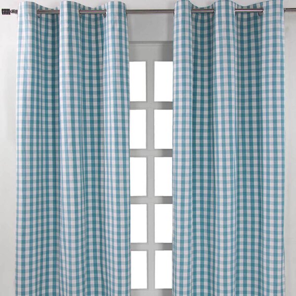 Cotton Blue Gingham Block Check Ready Made Eyelet Curtains 117 x 137cm